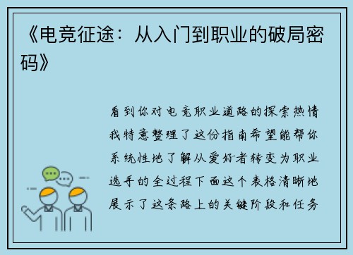 《电竞征途：从入门到职业的破局密码》